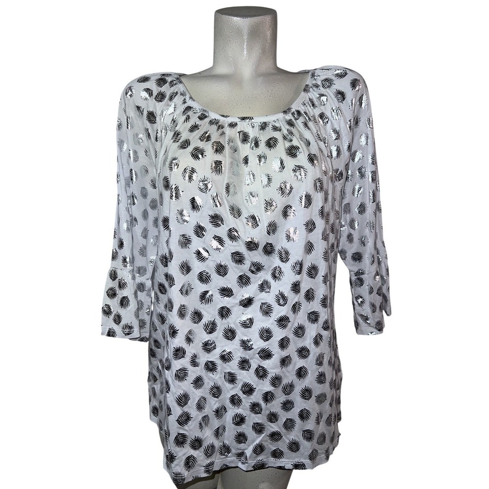New Michael Michael Kors Top XL White Silver Metallic Palm Leaf Bell Slv Blouse